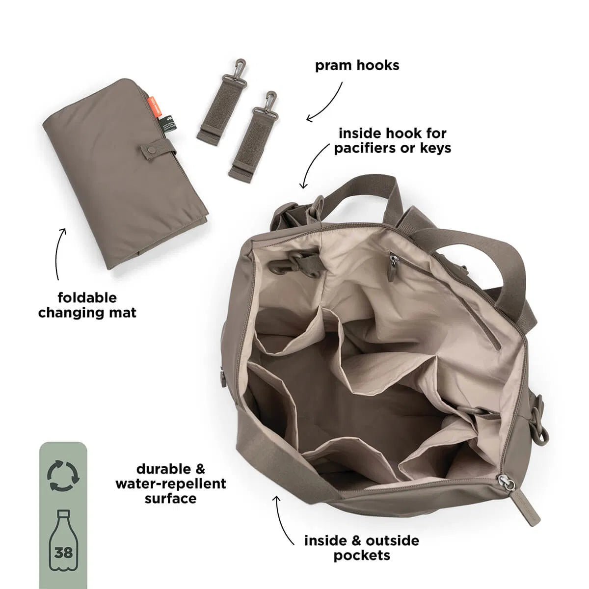 Mochila cambiador taupe con contenido organizado